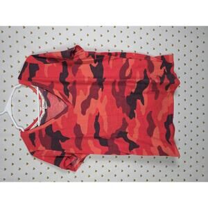 Victorias Secret PINK Red V neck Camo Tee shirt Soft Embroidered Dog Logo LARGE